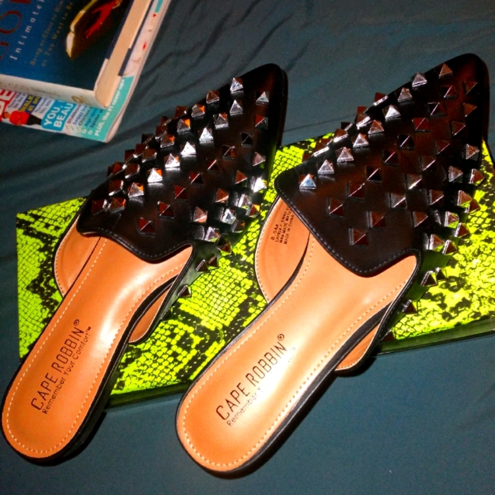 Black spiked mules